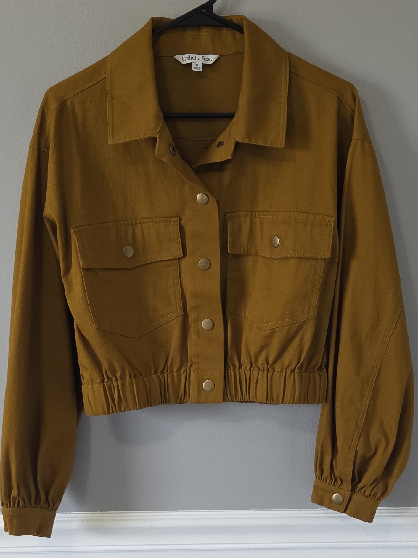Ophelia Roe Women's Cropped Mustard Brown Utility Jacket Button Front Collared S